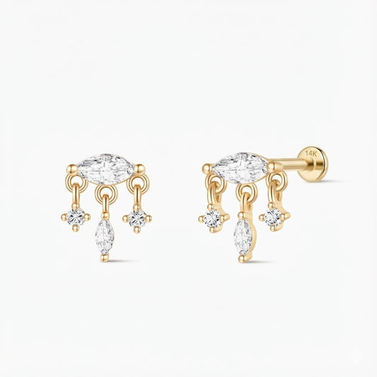 14K Yellow Gold Marquise Dangle Flatback Stud & Solid Gold Post