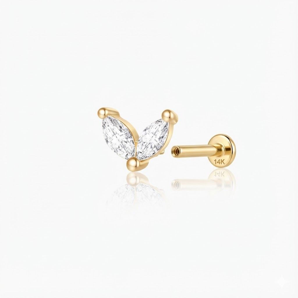 14K Solid Yellow Gold Marquise Duo Flat Back Stud & Solid Gold Post