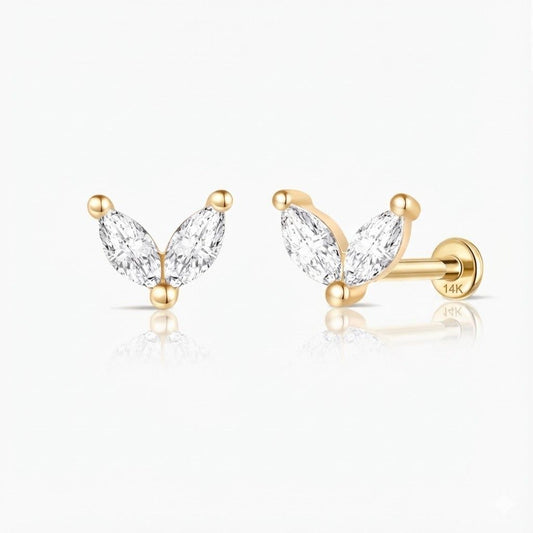 14K Solid Yellow Gold Marquise Duo Flat Back Stud & Solid Gold Post