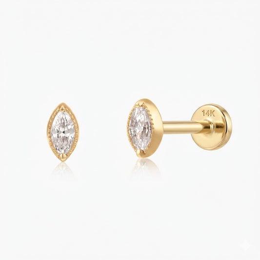 14K Solid Yellow Gold Marquise Milgrain Rim Flat Back Stud & Solid Gold Post