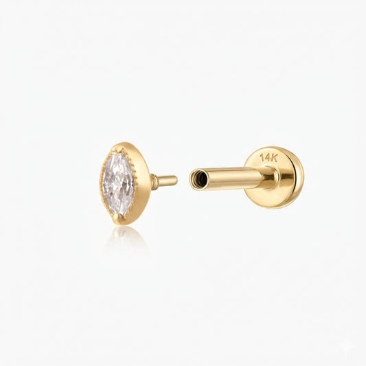 14K Solid Yellow Gold Marquise Milgrain Rim Flat Back Stud & Solid Gold Post