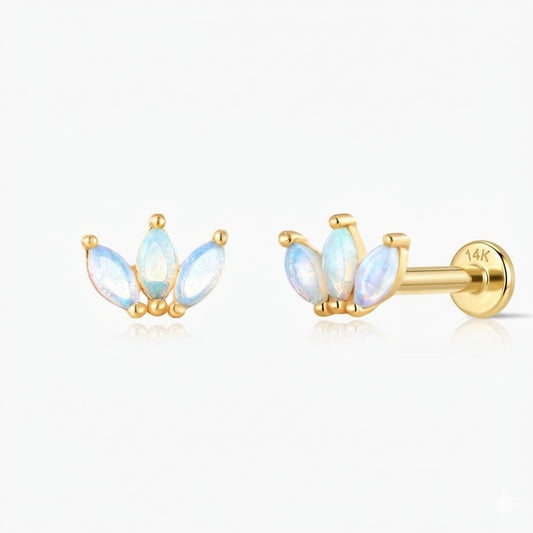 14K Solid Yellow Gold Marquise Opal Cluster Stud & Solid Gold Post