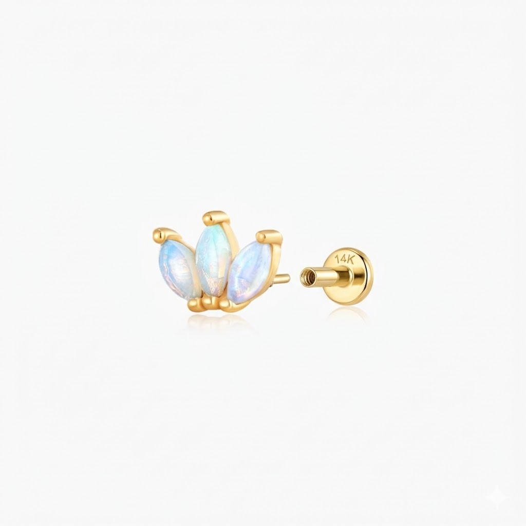 14K Solid Yellow Gold Marquise Opal Cluster Stud & Solid Gold Post