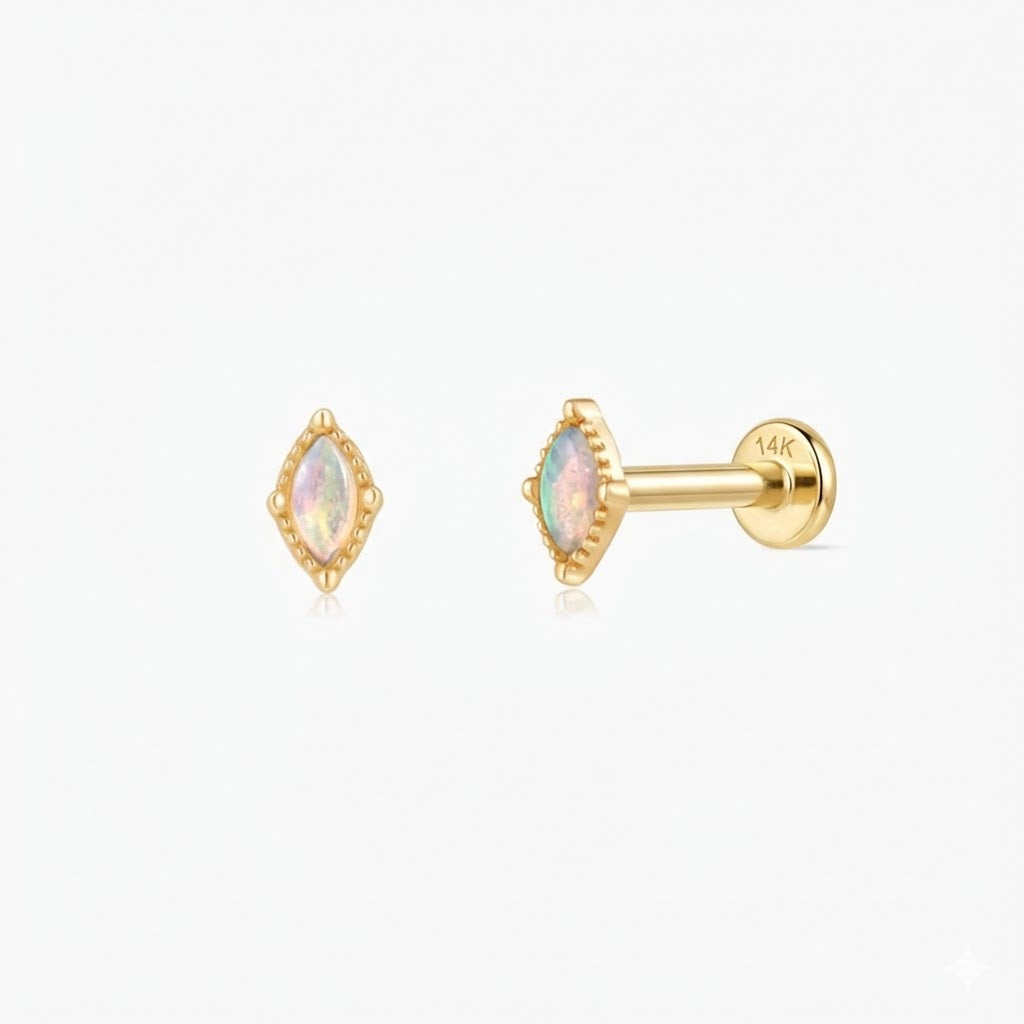 14K Solid Yellow Gold Marquise Opal Flat Back Stud & Solid Gold Post