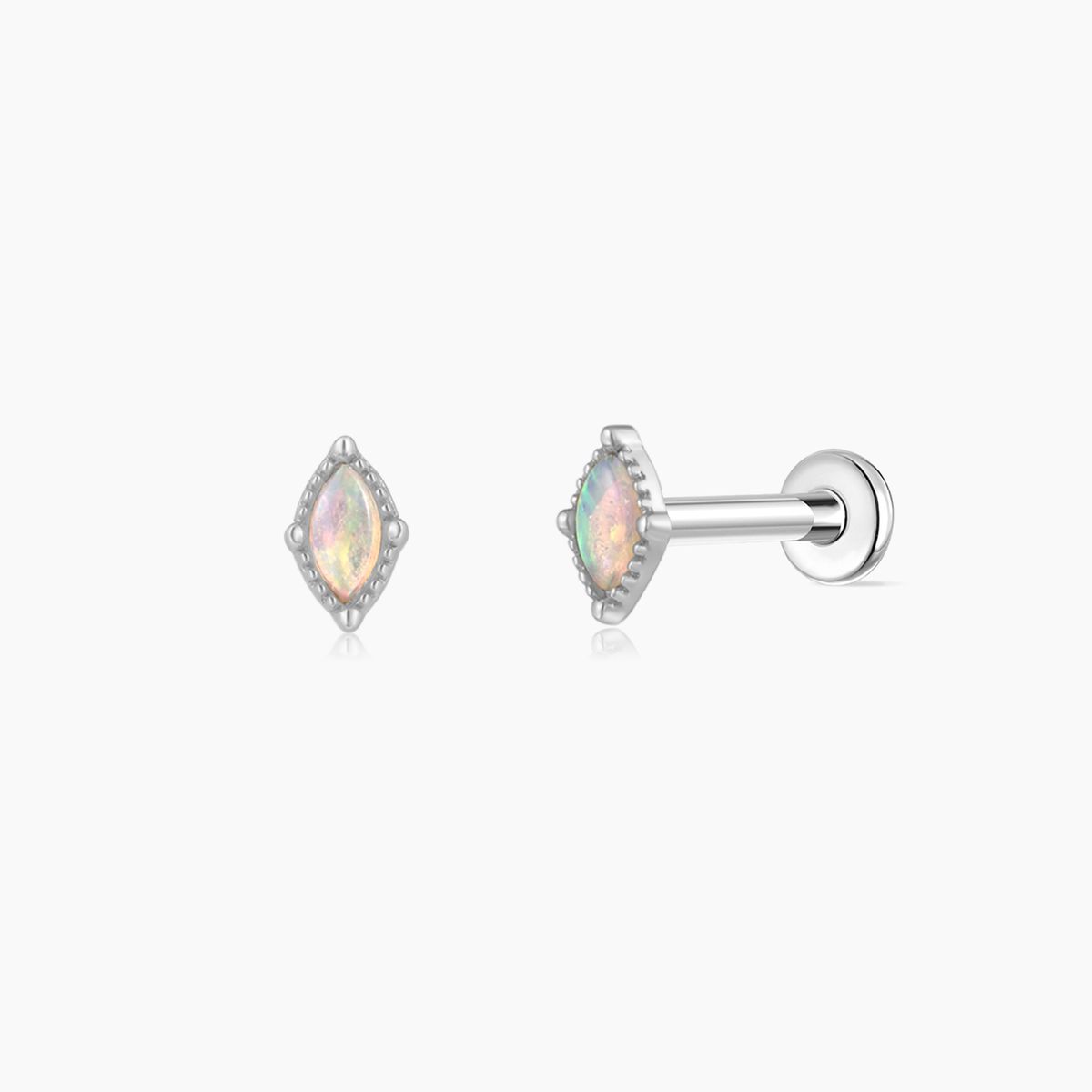 14K Solid White Gold Marquise Opal Flat Back Stud & Titanium Post