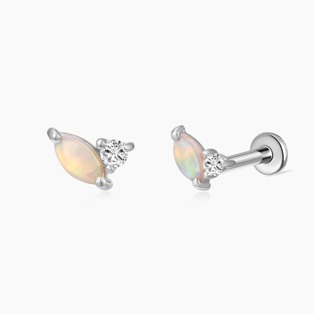 14K Solid White Gold Marquise Opal Flat Back Stud & Titanium Post