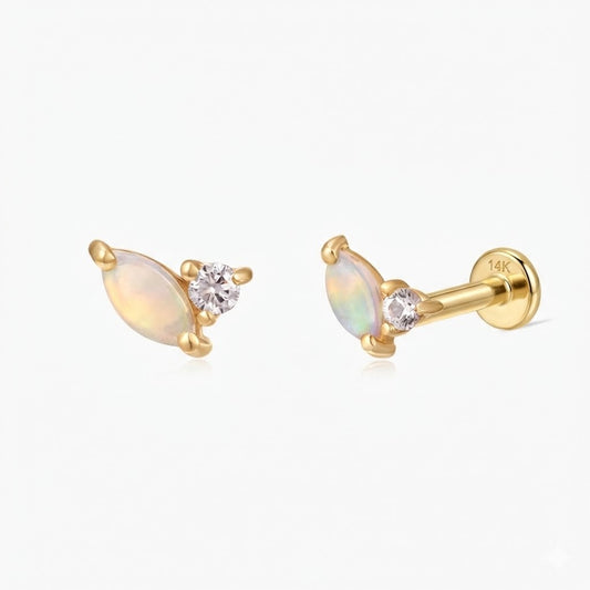 14K Solid Yellow Gold Marquise Opal Flat Back Stud & Solid Gold Post