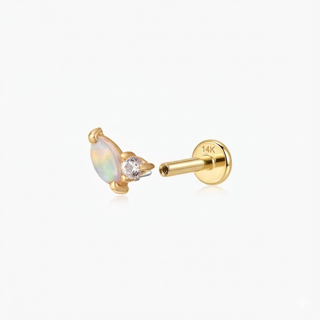 14K Solid Yellow Gold Marquise Opal Flat Back Stud & Solid Gold Post