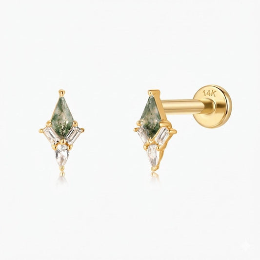 14K Solid Yellow Gold Moss Agate Kite Flat Back Stud & Solid Gold Post