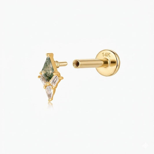 14K Solid Yellow Gold Moss Agate Kite Flat Back Stud & Solid Gold Post