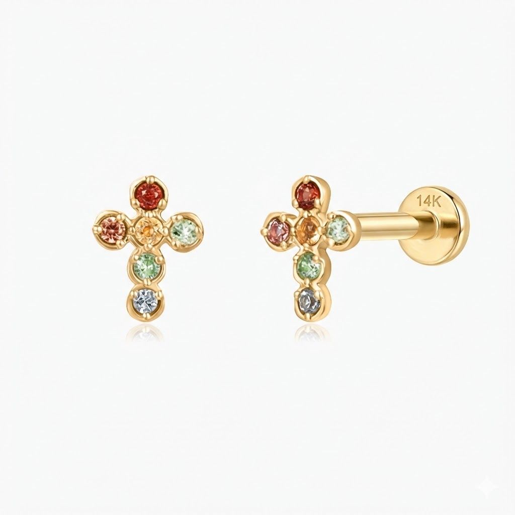 14K Solid Yellow Gold Multi-Gem Cross Flat Back Stud & Solid Gold Post