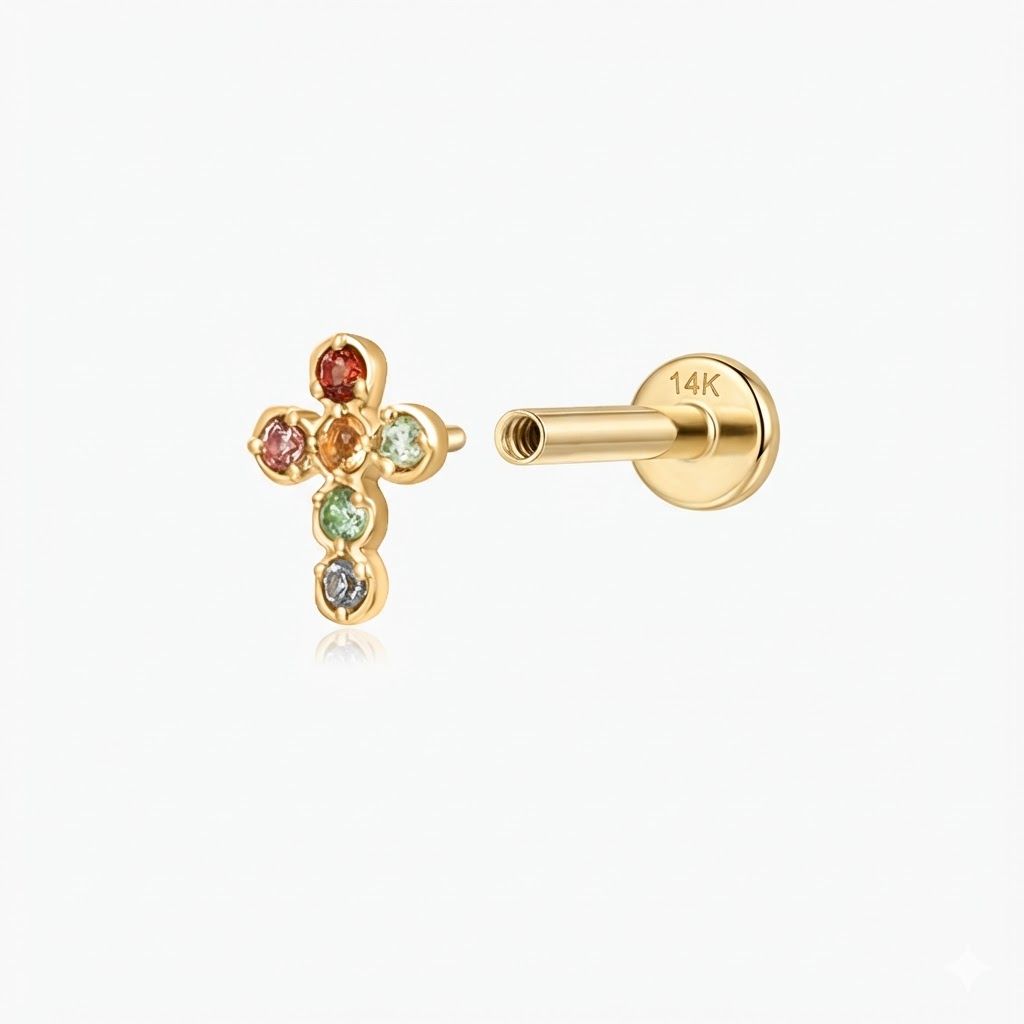 14K Solid Yellow Gold Multi-Gem Cross Flat Back Stud & Solid Gold Post