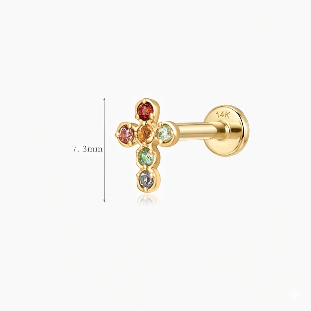 14K Solid Yellow Gold Multi-Gem Cross Flat Back Stud & Solid Gold Post