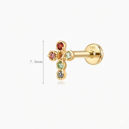 14K Solid Yellow Gold Multi-Gem Cross Flat Back Stud & Solid Gold Post