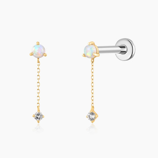 14K Solid Yellow Gold Opal Chain Dangle & Titanium Post