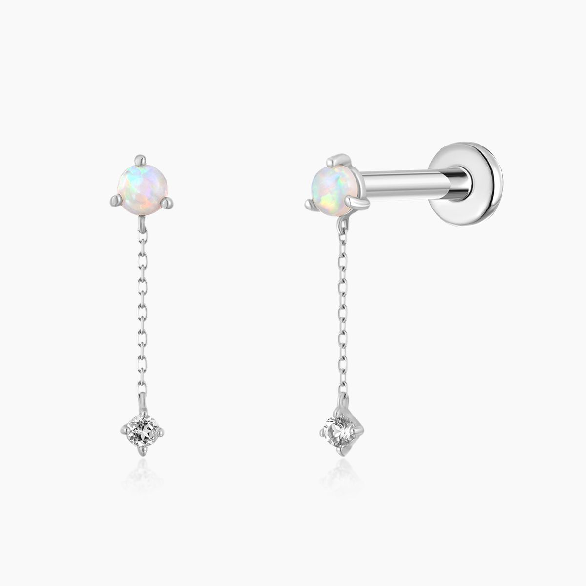 14K Solid White Gold Opal Chain Dangle & Titanium Post