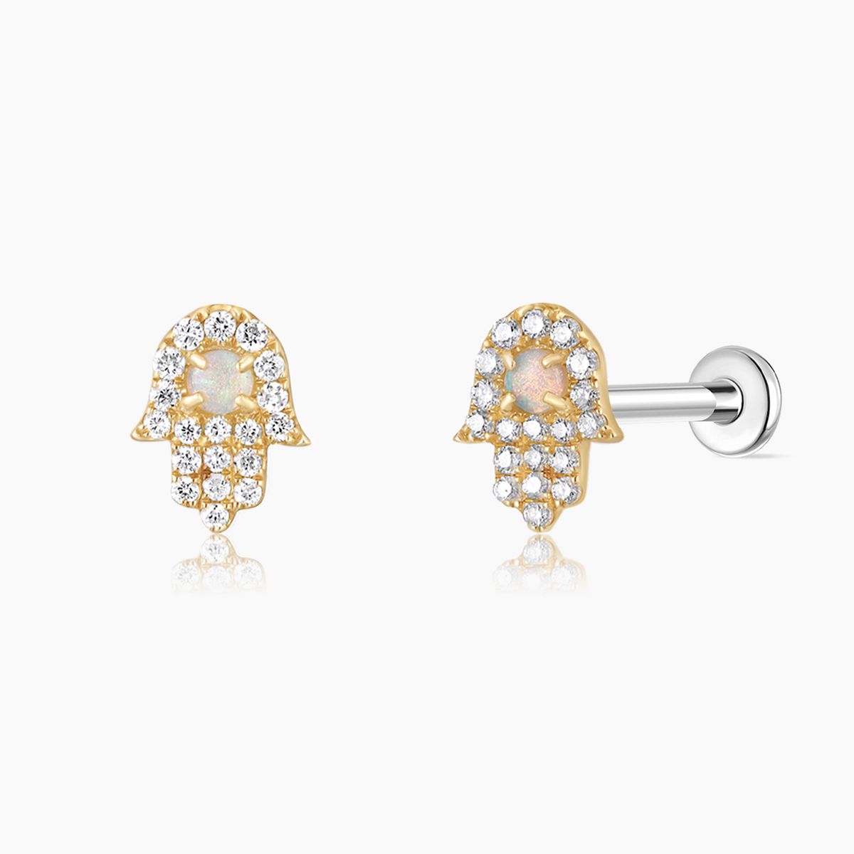 14K Solid Yellow Gold Opal Hamsa Flat Back Stud & Titanium Post