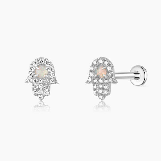 14K Solid White Gold Opal Hamsa Flat Back Stud & Titanium Post