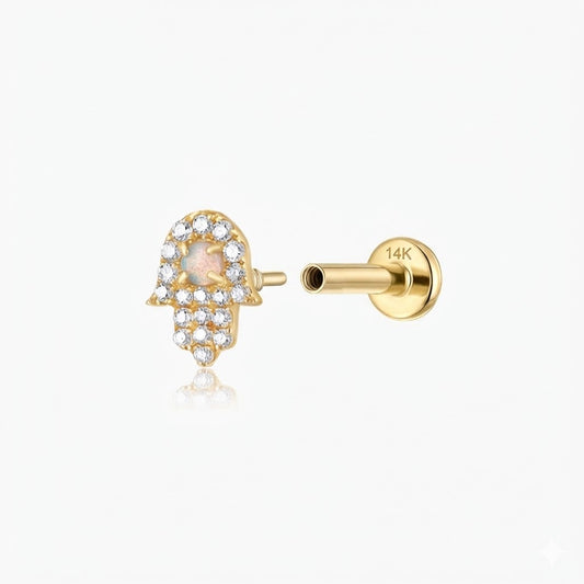 14K Solid Yellow Gold Opal Hamsa Flat Back Stud & Solid Gold Post
