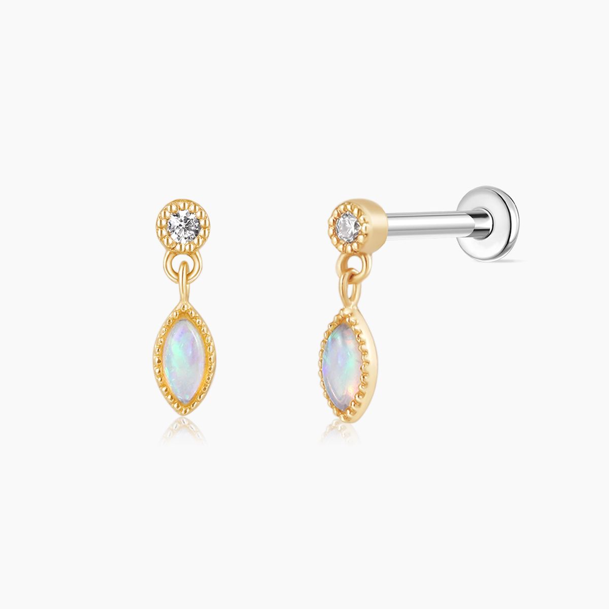 14K Solid Yellow Gold Opal Marquise Dangle Flat Back Piercing & Titanium Post