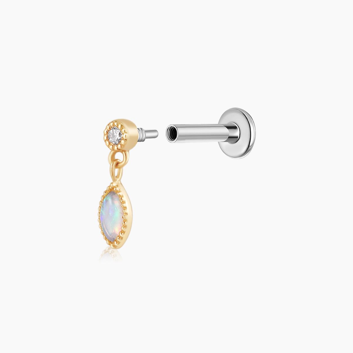 14K Solid Yellow Gold Opal Marquise Dangle Flat Back Piercing & Titanium Post