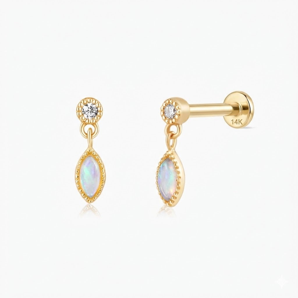 14K Solid Yellow Gold Opal Marquise Dangle Flat Back Piercing & Solid Gold Post
