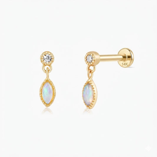 14K Solid Yellow Gold Opal Marquise Dangle Flat Back Piercing & Solid Gold Post