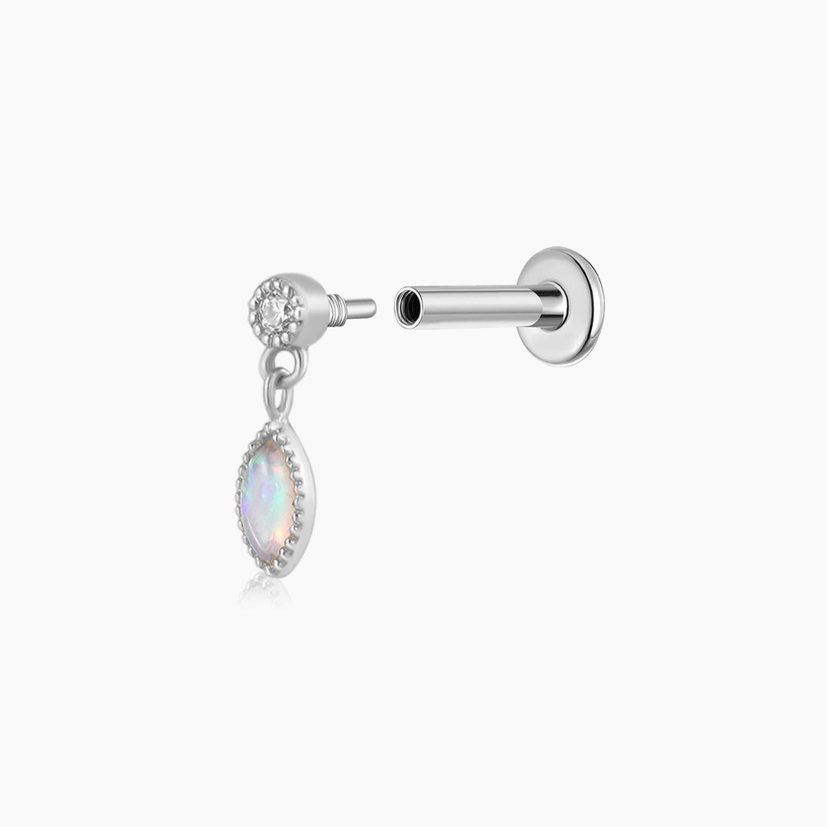 14K Solid White Gold Opal Marquise Dangle Flat Back Piercing & Titanium Post