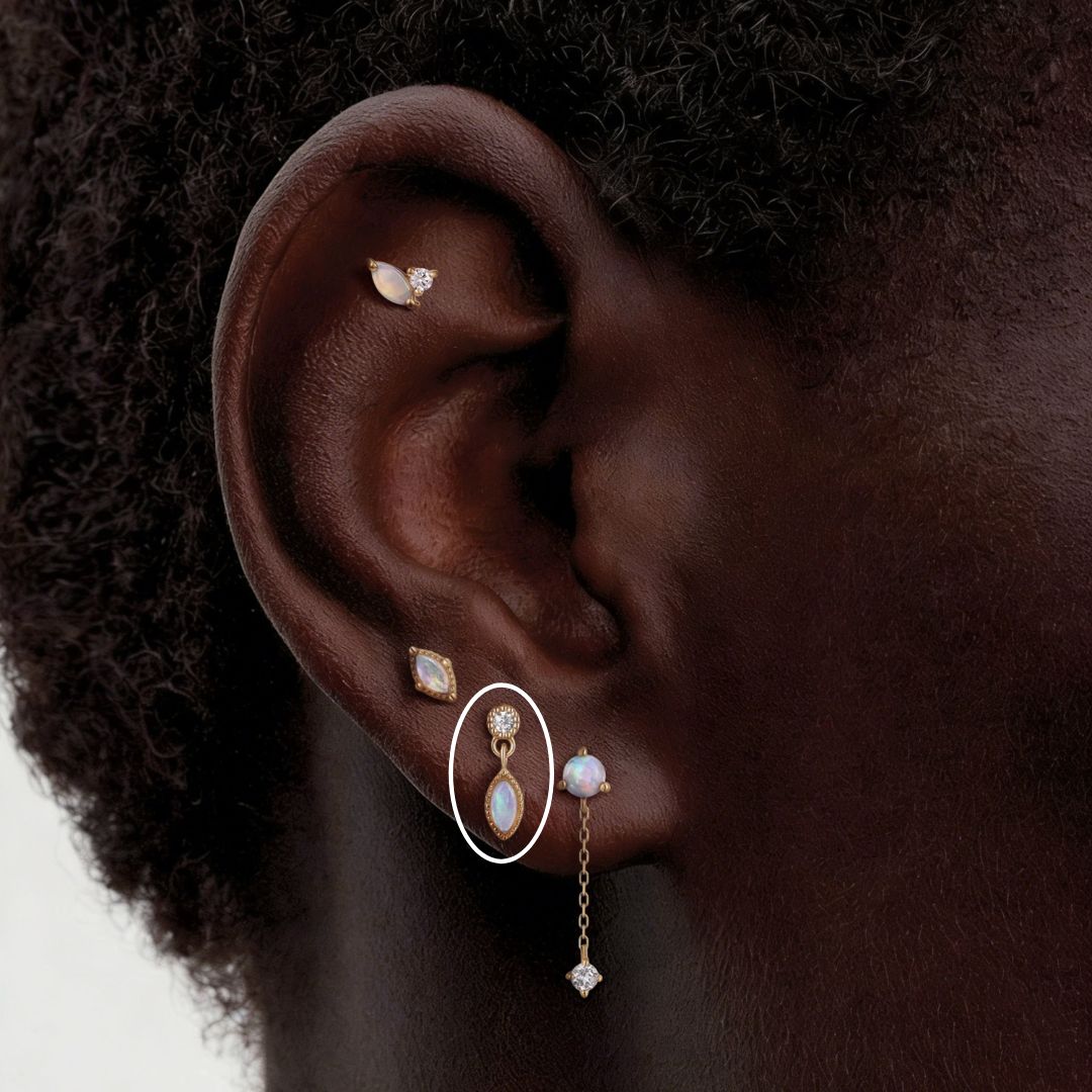 14K Solid Yellow Gold Opal Marquise Dangle Flat Back Piercing & Solid Gold Post