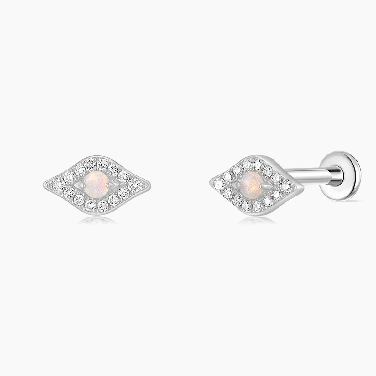14K Solid White Gold Opal Marquise Flat Back Stud & Titanium Post