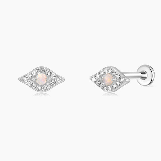 14K Solid White Gold Opal Marquise Flat Back Stud & Titanium Post