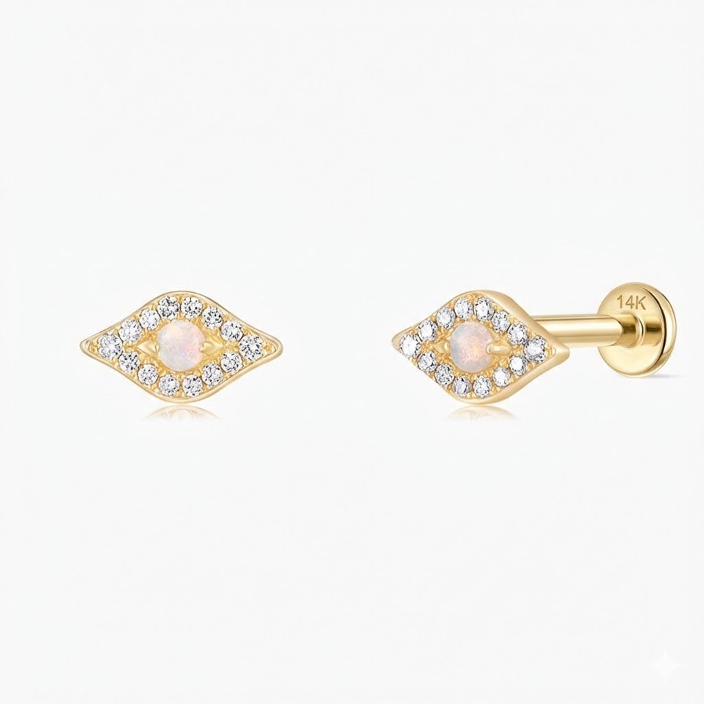 Aretes de oro amarillo macizo de 14 quilates con ópalo y marquesa con parte trasera plana y poste de oro macizo