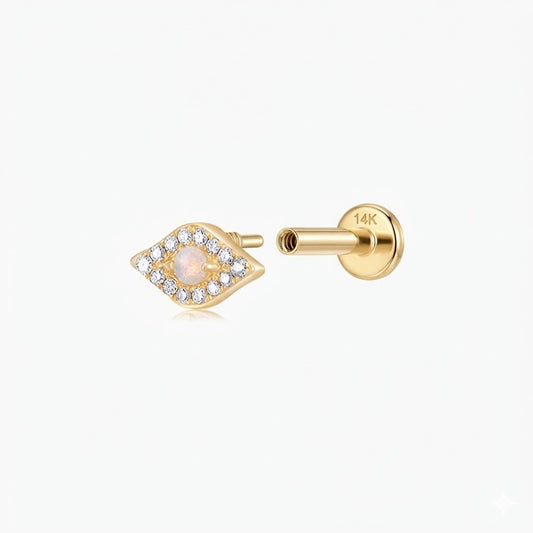 14K Solid Yellow Gold Opal Marquise Flat Back Stud & Solid Gold Post