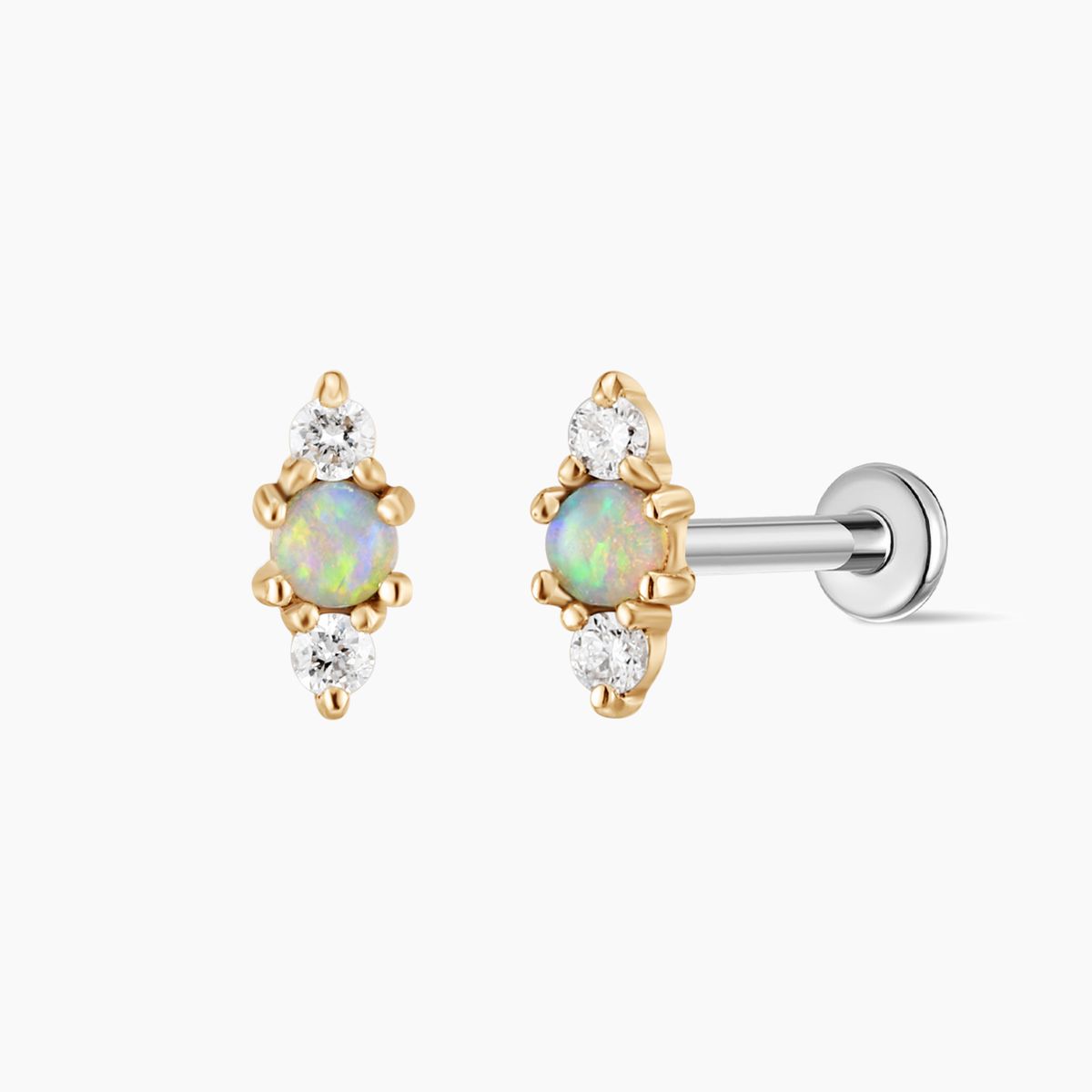 14K Solid Yellow Gold Opal Vertical Flat Back Stud & Titanium Post