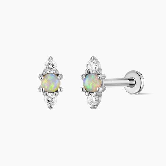 14K Solid White Gold Opal Vertical Flat Back Stud & Titanium Post