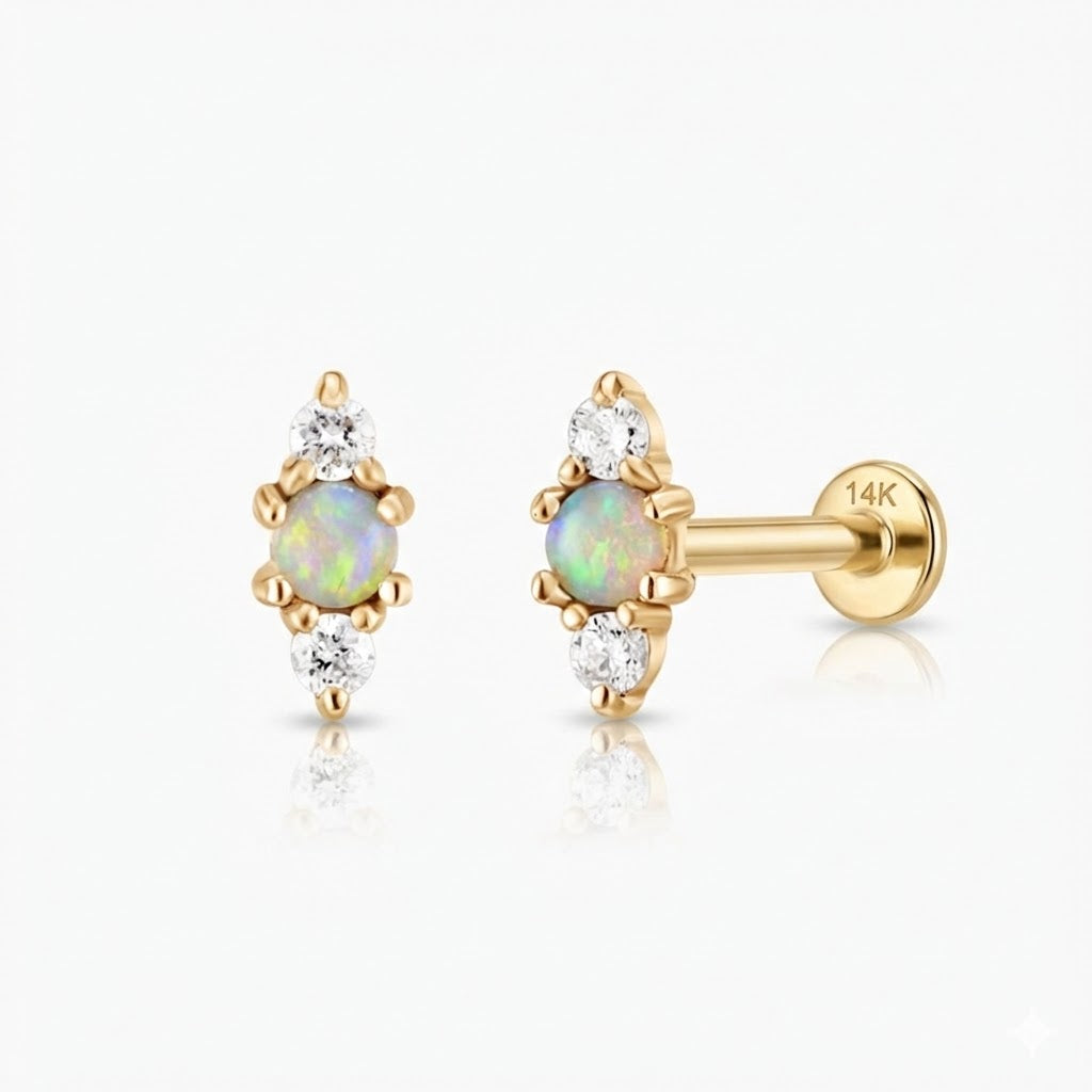 14K Solid Yellow Gold Opal Vertical Flat Back Stud & Solid Gold Post