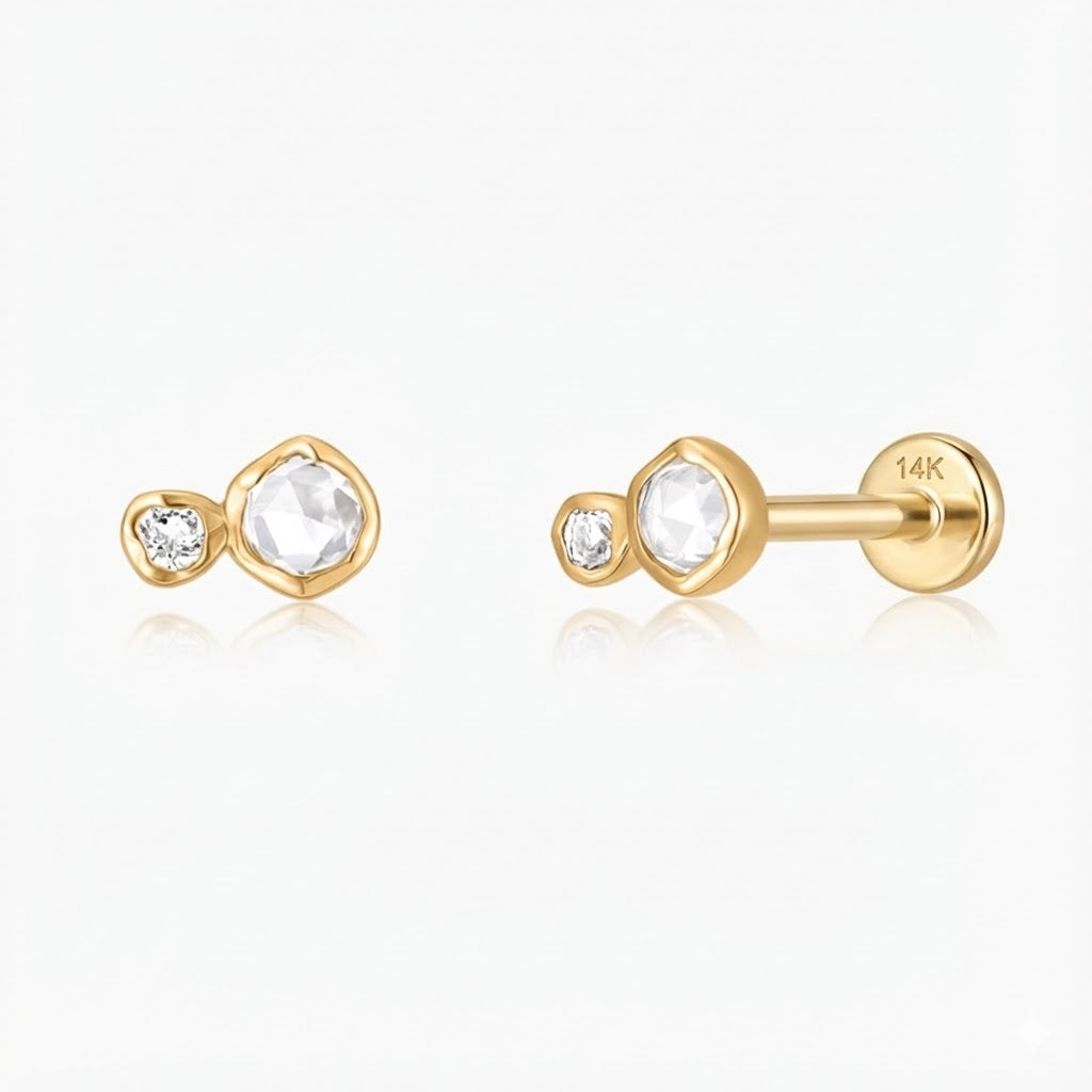 14K Solid Yellow Gold Organic Duo Stone Flat Back Stud & Solid Gold Post