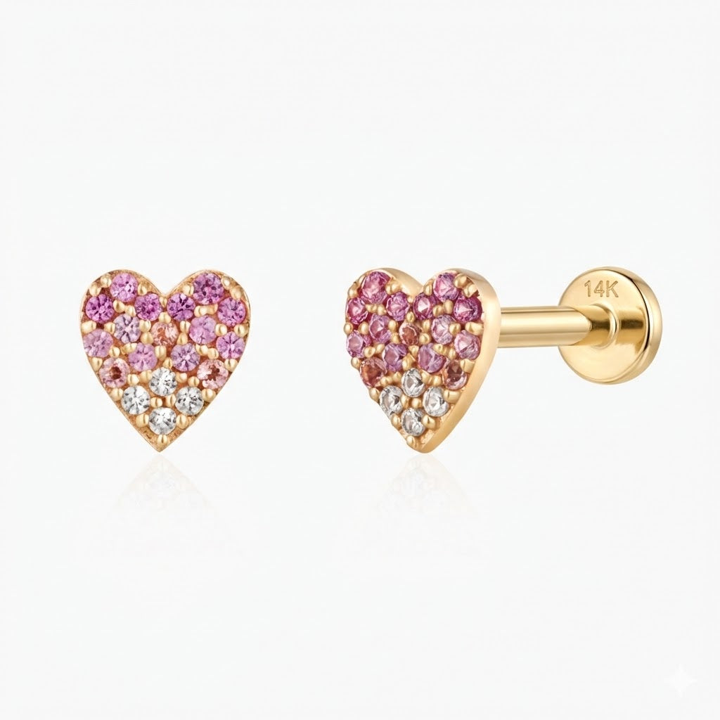 14K Solid Yellow Gold Pavé Heart Flat Back Stud & Solid Gold Post