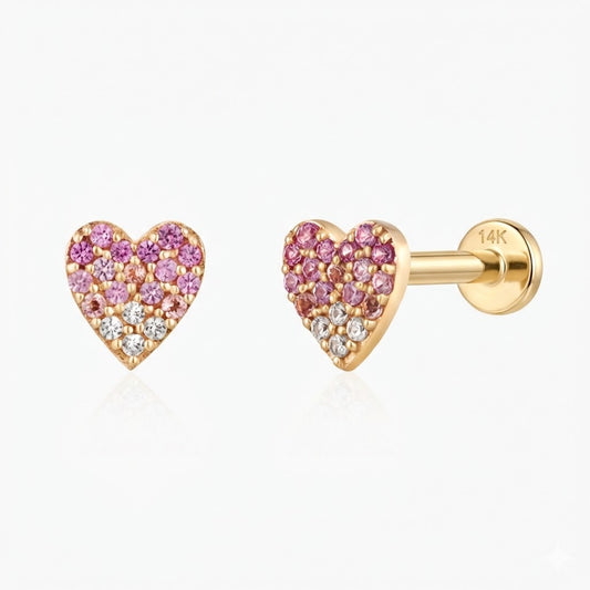 14K Solid Yellow Gold Pavé Heart Flat Back Stud & Solid Gold Post