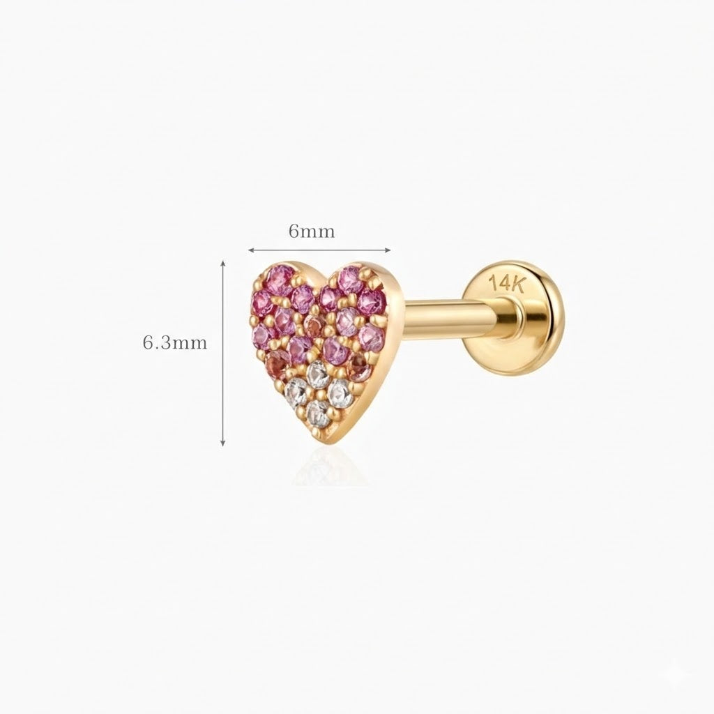 14K Solid Yellow Gold Pavé Heart Flat Back Stud & Solid Gold Post
