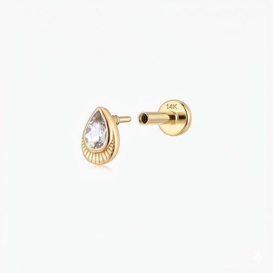14K Yellow Gold Pear-Cut Teardrop Piercing Flat Back Stud & Solid Gold Post
