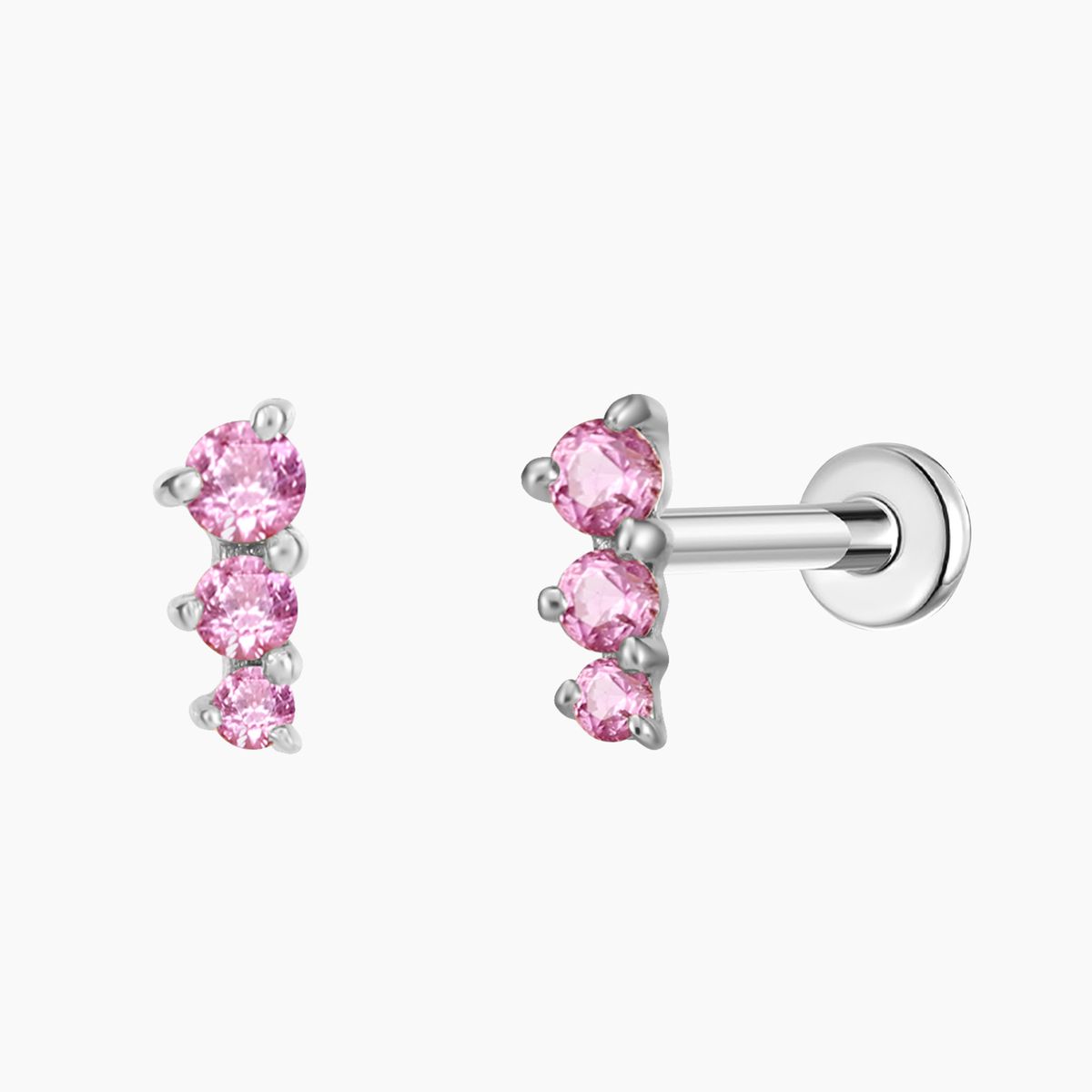 14K Solid White Gold Pink Round Ruby Vertical Bar Flat Back & Titanium Post