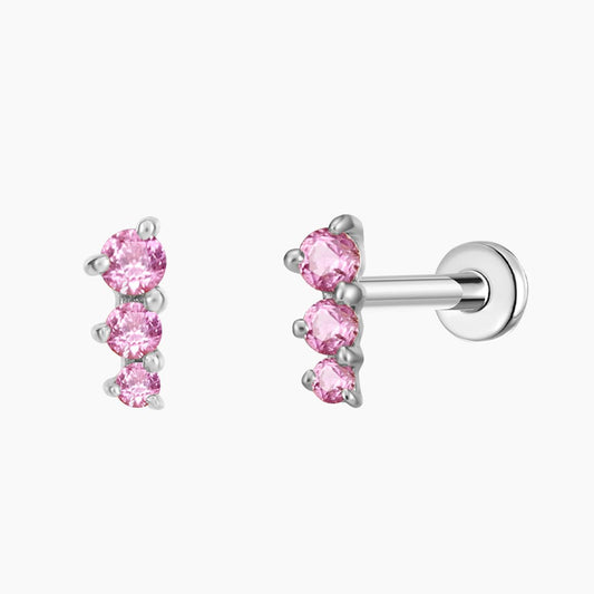 14K Solid White Gold Pink Round Ruby Vertical Bar Flat Back & Titanium Post