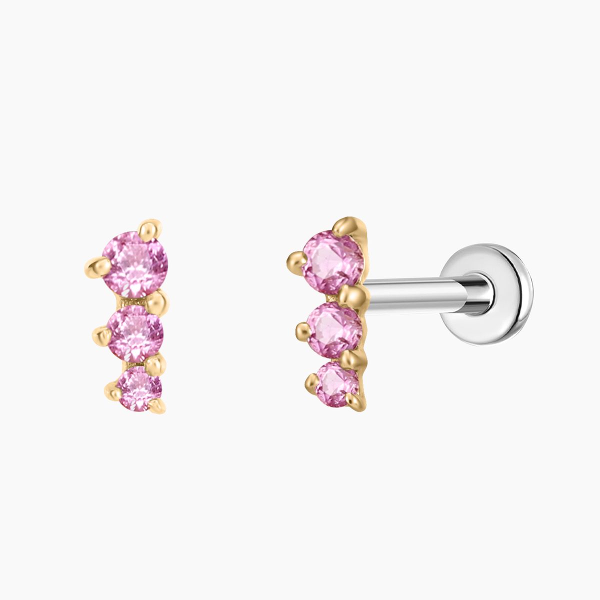 14K Solid Yellow Gold Pink Round Ruby Vertical Bar Flat Back & Titanium Post