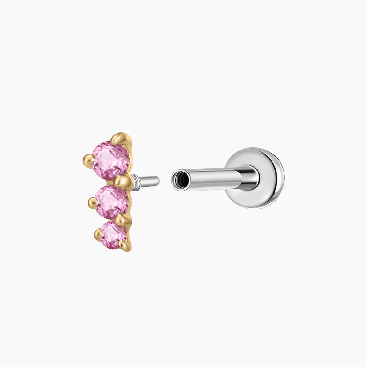 14K Solid Yellow Gold Pink Round Ruby Vertical Bar Flat Back & Titanium Post