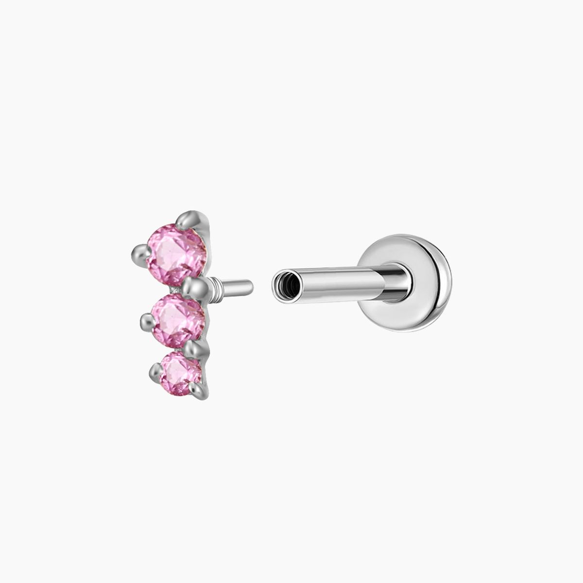 14K Solid White Gold Pink Round Ruby Vertical Bar Flat Back & Titanium Post