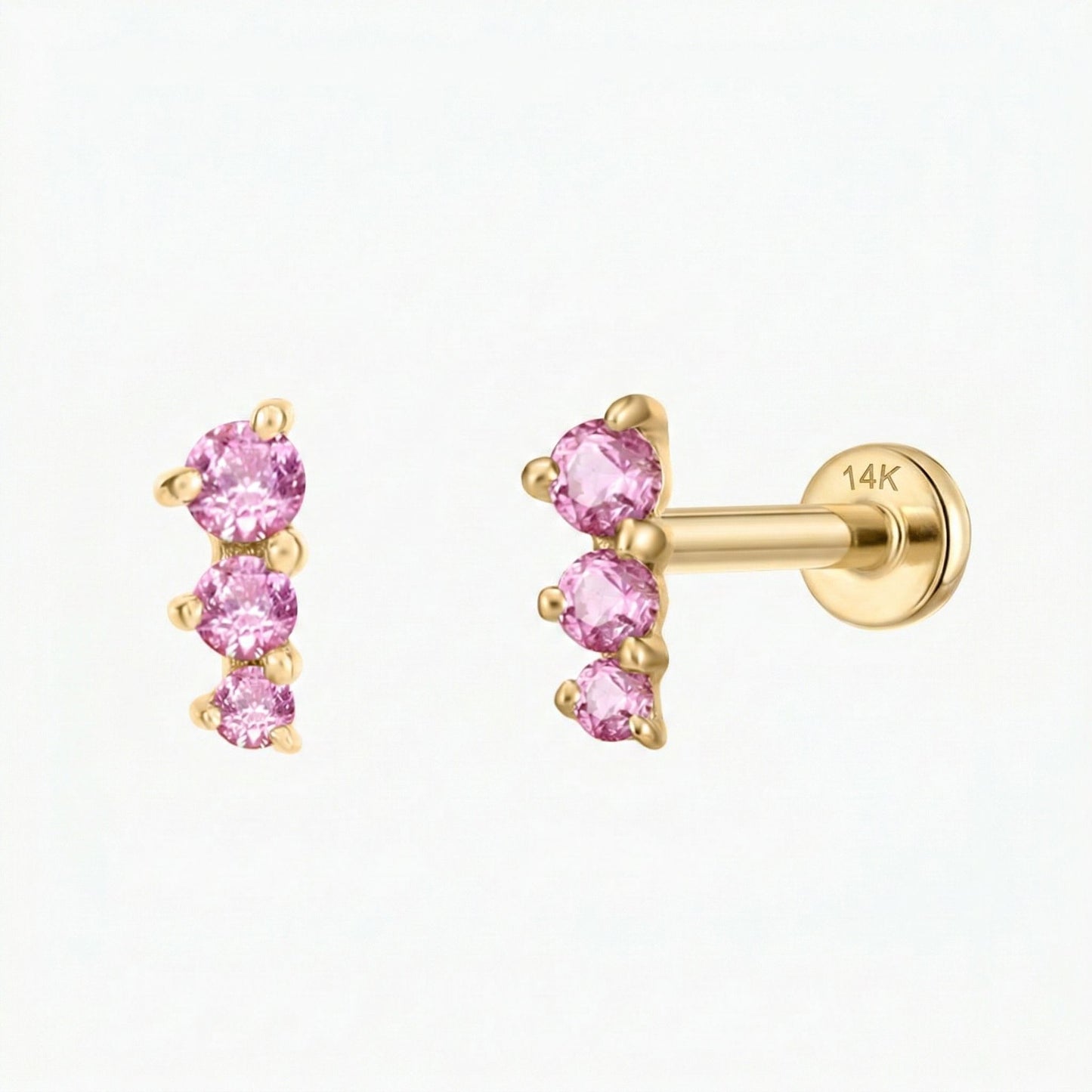 14K Solid Yellow Gold Pink Round Ruby Vertical Bar Flat Back & Solid Gold Post