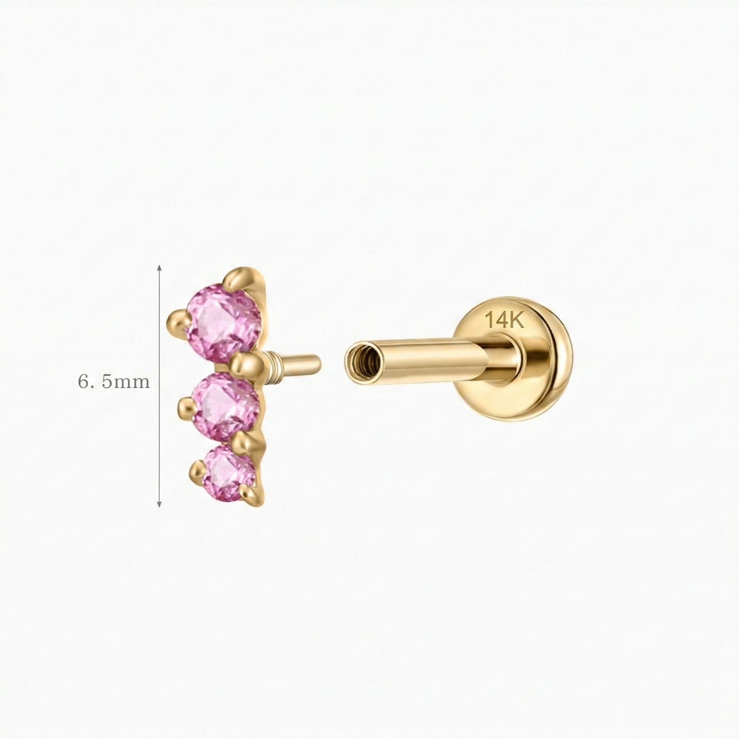 14K Solid Yellow Gold Pink Round Ruby Vertical Bar Flat Back & Solid Gold Post