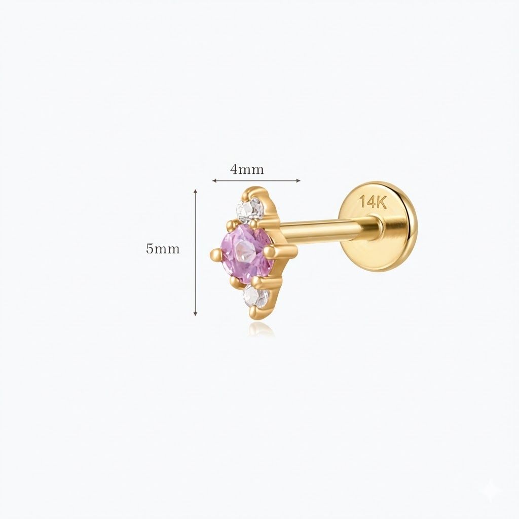 14K Solid Yellow Gold Pink Sapphire Cluster Flat Back Stud & Solid Gold Post