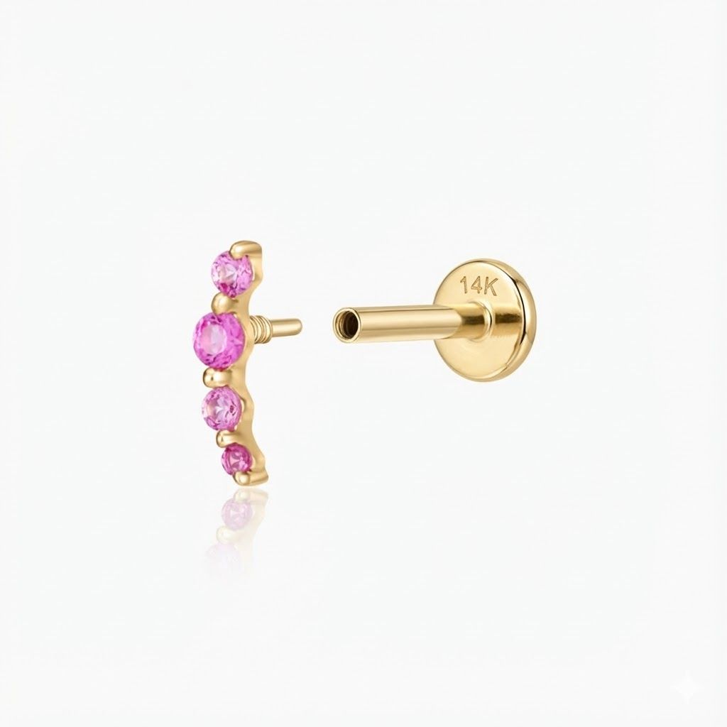 14K Solid Yellow Gold Ruby Curve Flat Back Stud & Solid Gold Post